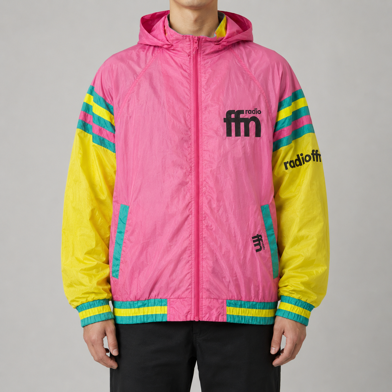 Retro 80s Fluro Windbreaker Jacket Men's XL Pink Yellow Windbreaker