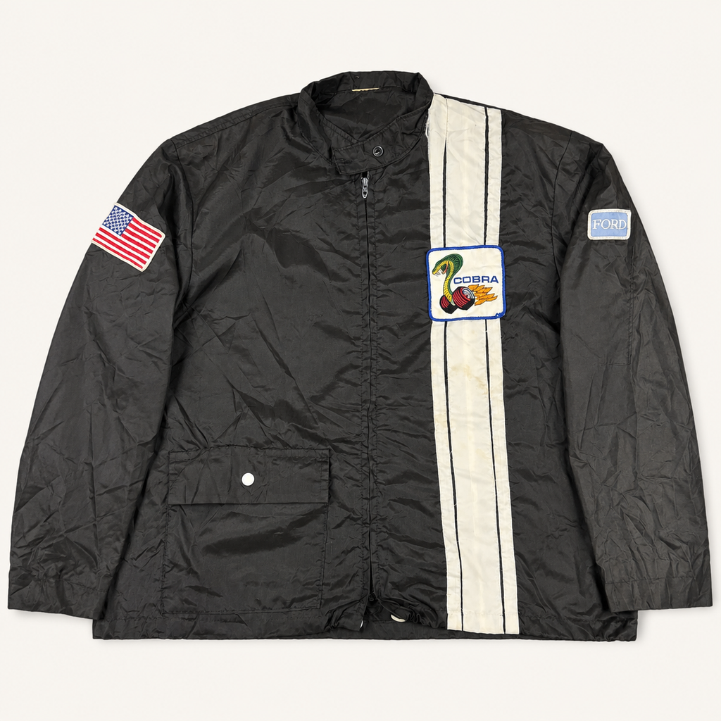 Vintage 70s Ford Mustang Cobra Racing Jacket Men's XL Black White Patch Windbreaker