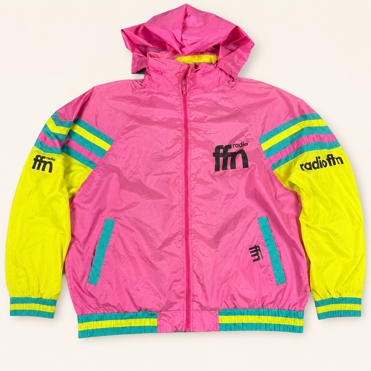 Retro 80s Fluro Windbreaker Jacket Men's XL Pink Yellow Windbreaker