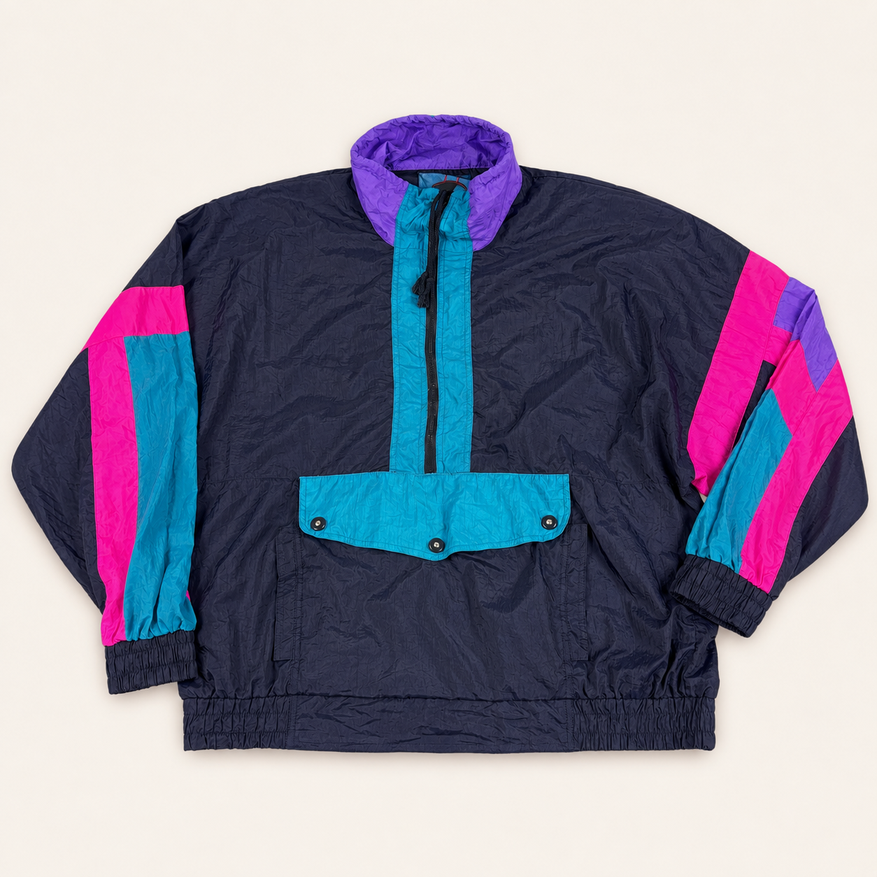 Vintage 80s Anorak Jacket Men's Large Black Fluro Nylon Windbreaker