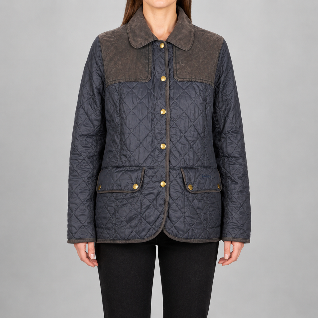 Barbour Quilted Jacket Women's Small Navy Brown Snap Button