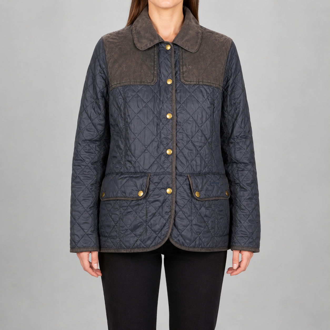 Barbour Quilted Jacket Women's Small Navy Brown Snap Button