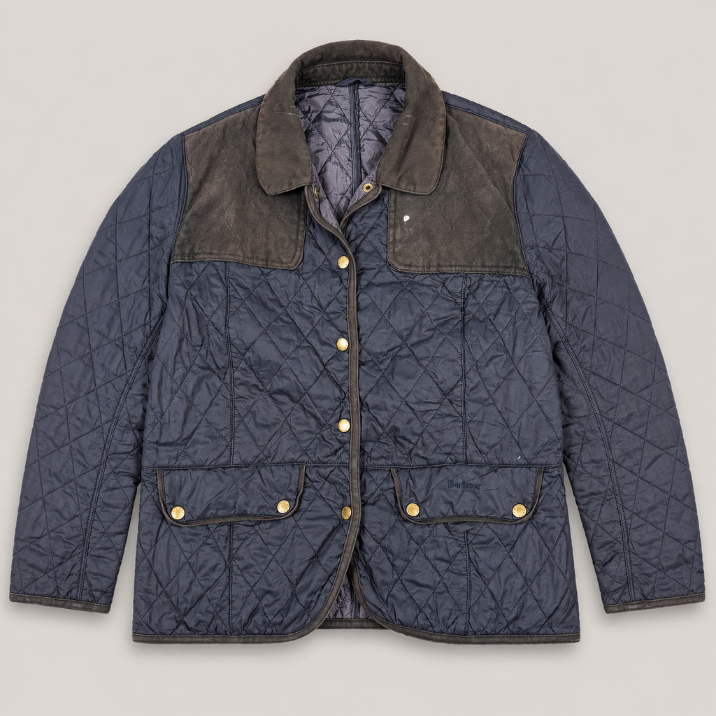 Barbour Quilted Jacket Women's Small Navy Brown Snap Button