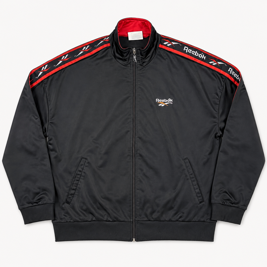 Vintage 90s Reebok Jacket Men's XL Black Red Sleeve Tape Logo