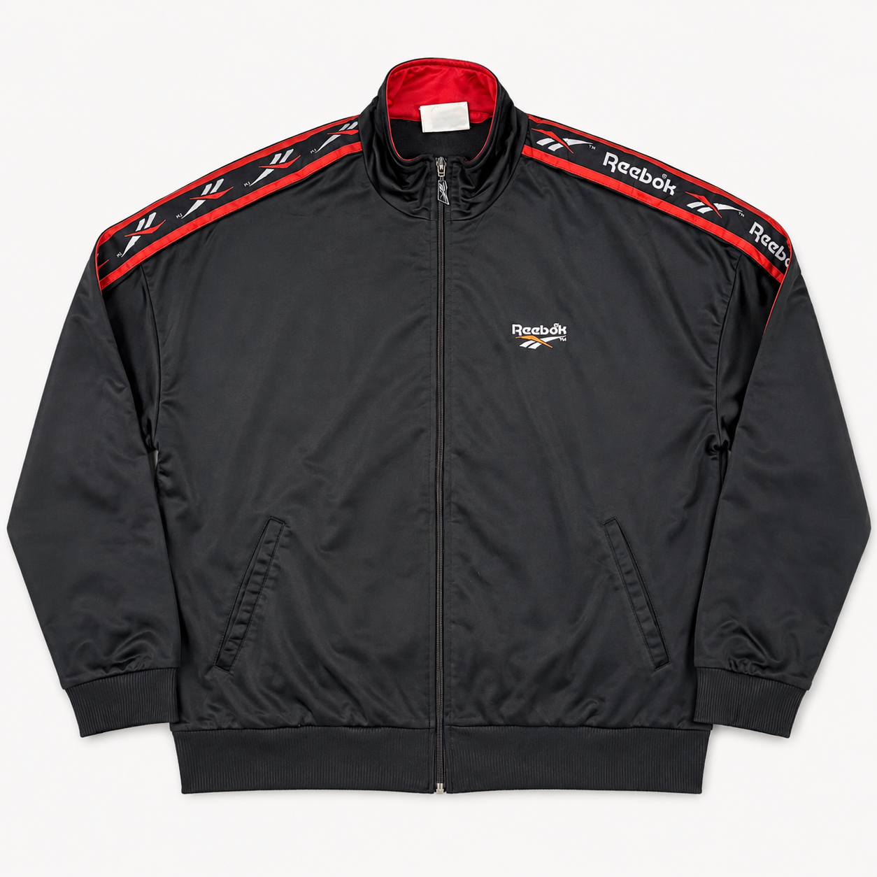 Vintage 90s Reebok Jacket Men's XL Black Red Sleeve Tape Logo