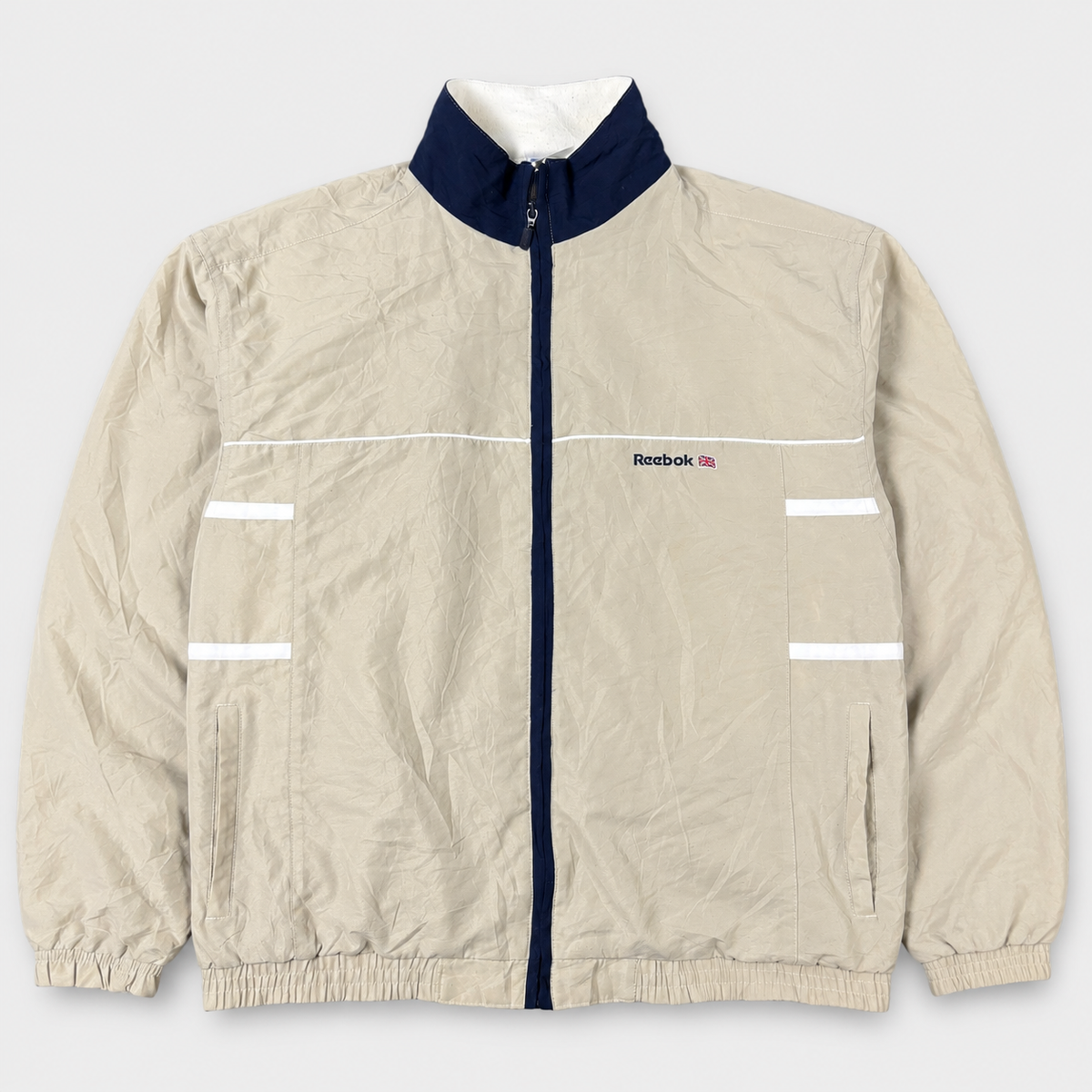 Vintage 90s Reebok Jacket Men's Large Cream Spell Out Logo Windbreaker