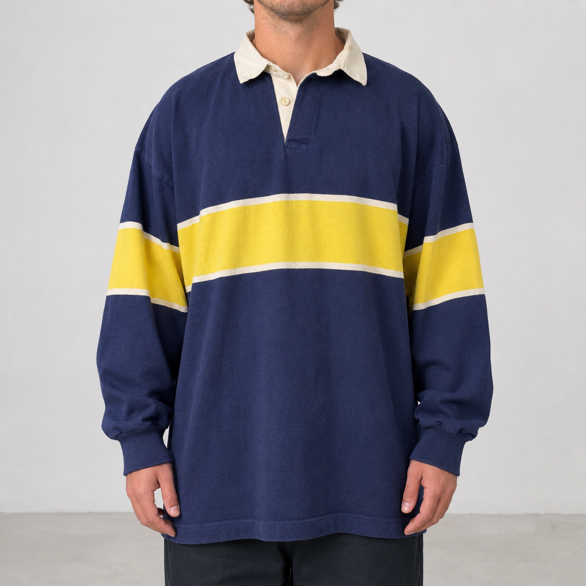 Vintage Australian Rugby Polo Striped Men's Large Navy Yellow Heavy Cotton