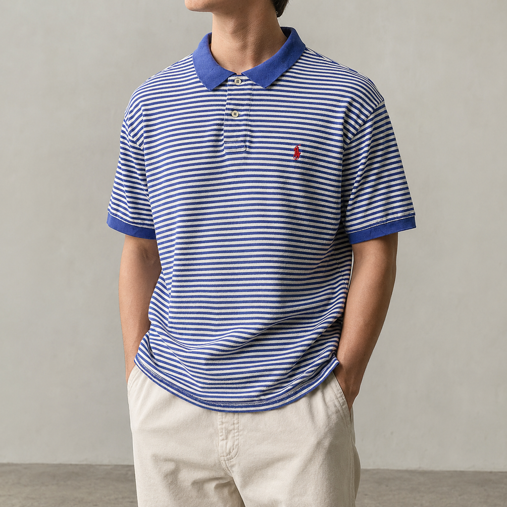 Vintage 90s Polo Ralph Lauren Polo Shirt Men's XL Blue White Stripe Small Pony
