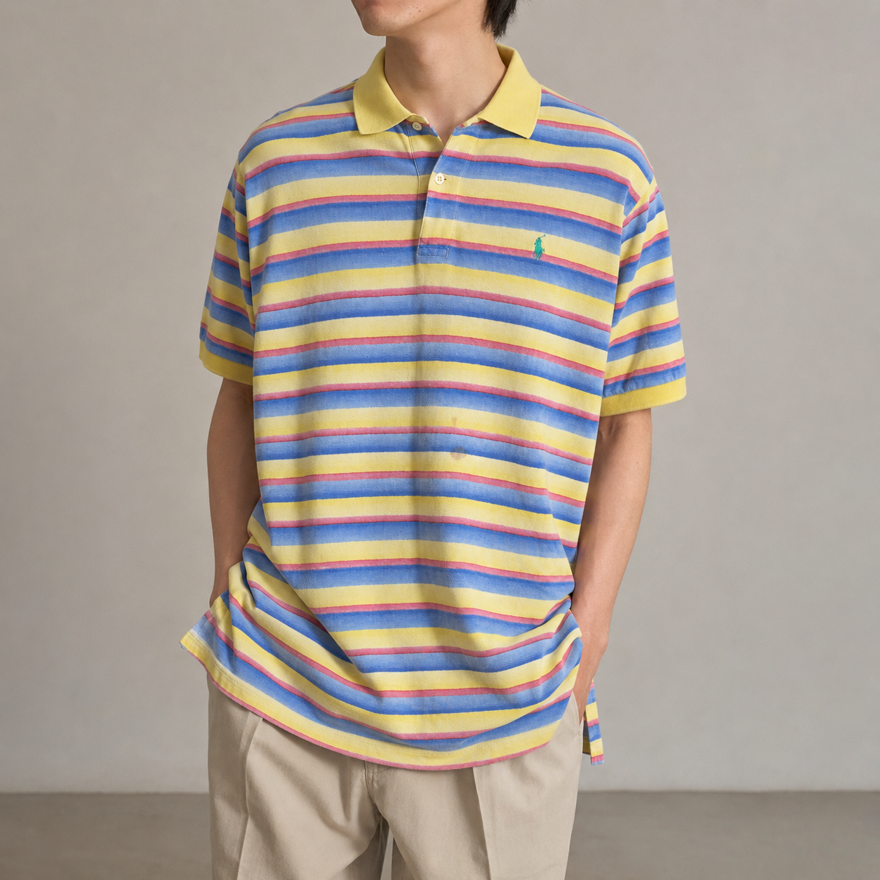 Vintage 90s Polo Ralph Lauren Polo Shirt Men's L Blue Yellow Stripe Small Pony