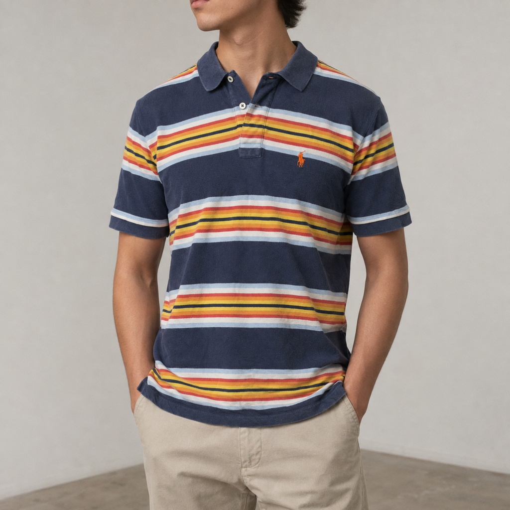 Vintage 90s Polo Ralph Lauren Polo Shirt Men's S Blue Yellow Stripe Small Pony