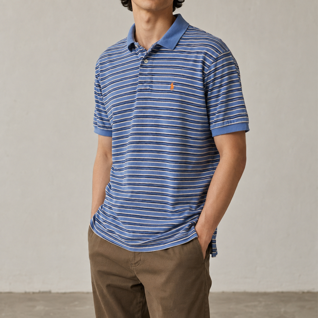 Vintage 90s Polo Ralph Lauren Polo Shirt Men's L Navy Blue Stripe Small Pony Golf