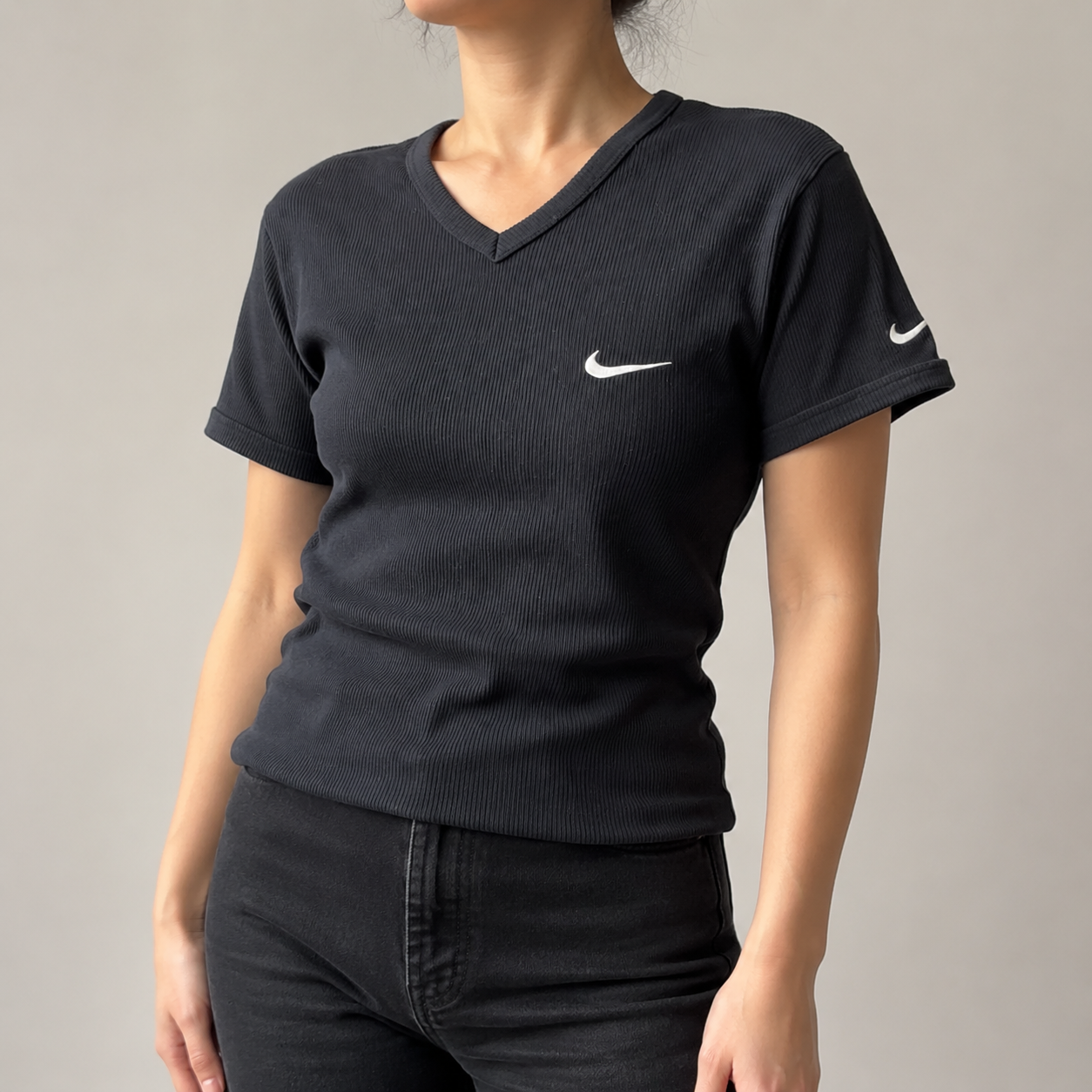 90s Nike Ribbed V-neck Top Women's Small Black White Swoosh T-shirt