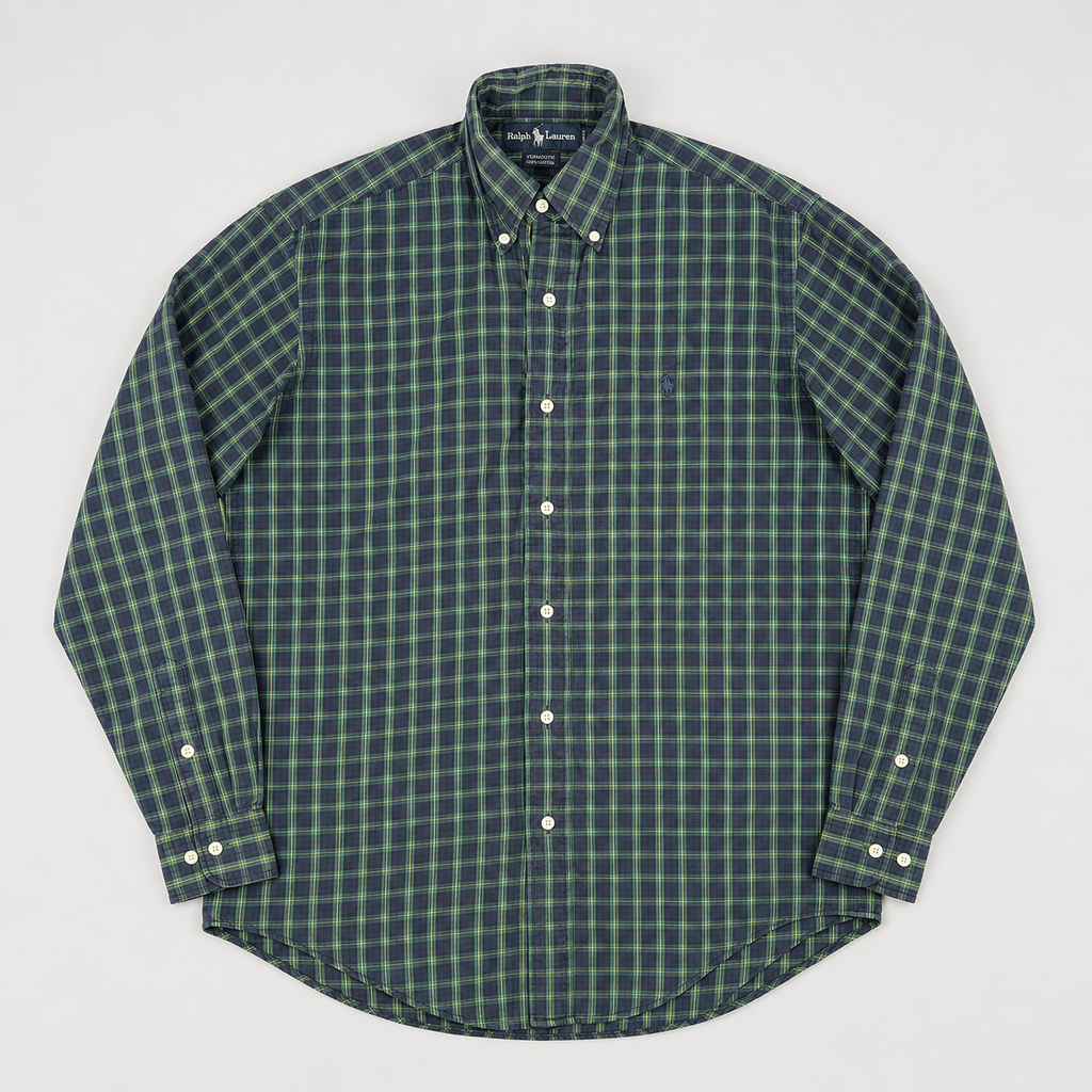 A long-sleeve button-down shirt by Ralph Lauren, featuring a green and dark gray plaid pattern, laid flat on a light gray background.