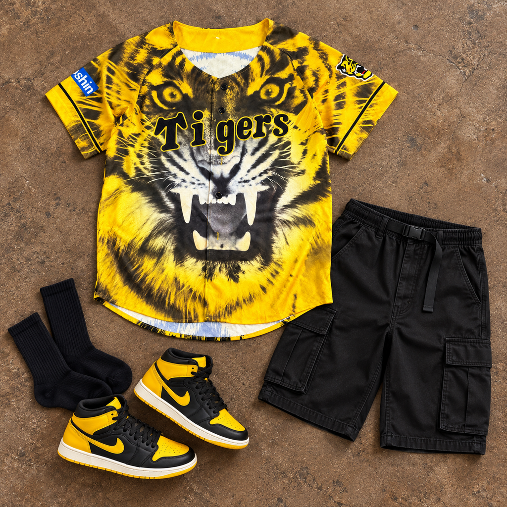 Hanshin Tigers Japanese Baseball Jersey Men's Medium Yellow Cat Face Graphic