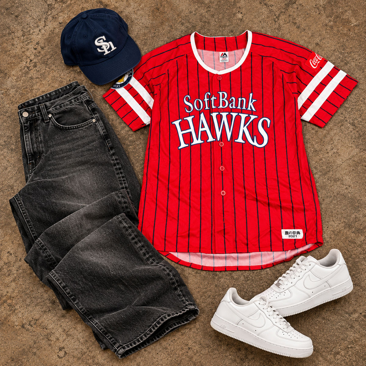 Majestic Softbank Hawks Japanese Baseball Jersey Men's Small Red Black Striped