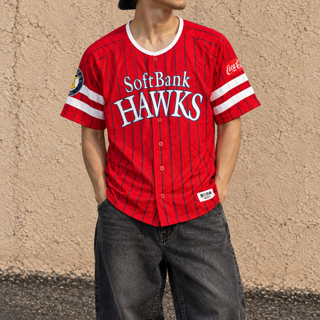 Majestic Softbank Hawks Japanese Baseball Jersey Men's Small Red Black Striped