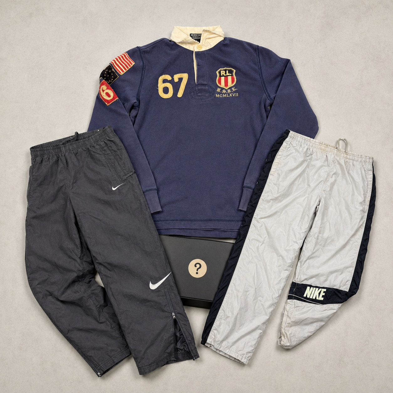 Premium Mystery Box - 2 vintage Nike track pants + 1 Ralph Lauren Rugby Polo