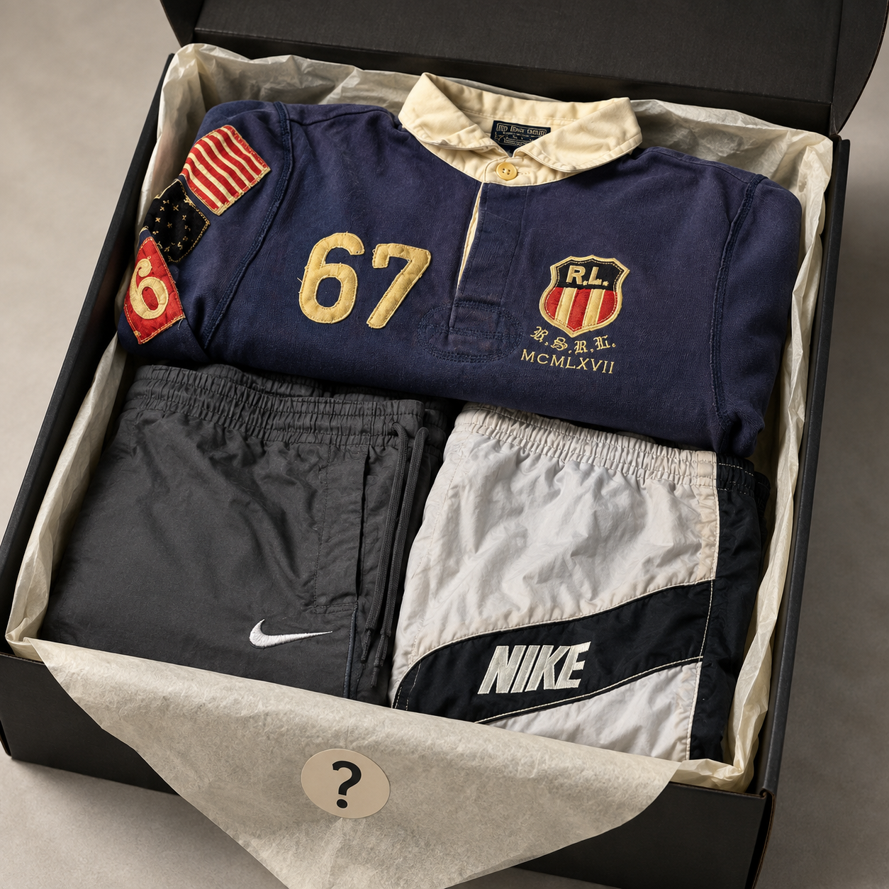 Premium Mystery Box - 2 vintage Nike track pants + 1 Ralph Lauren Rugby Polo