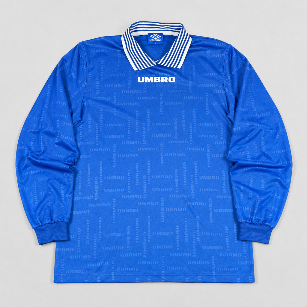 Vintage Y2K Umbro Jersey T-Shirt XL Blue Long Sleeve All Over Spell Out