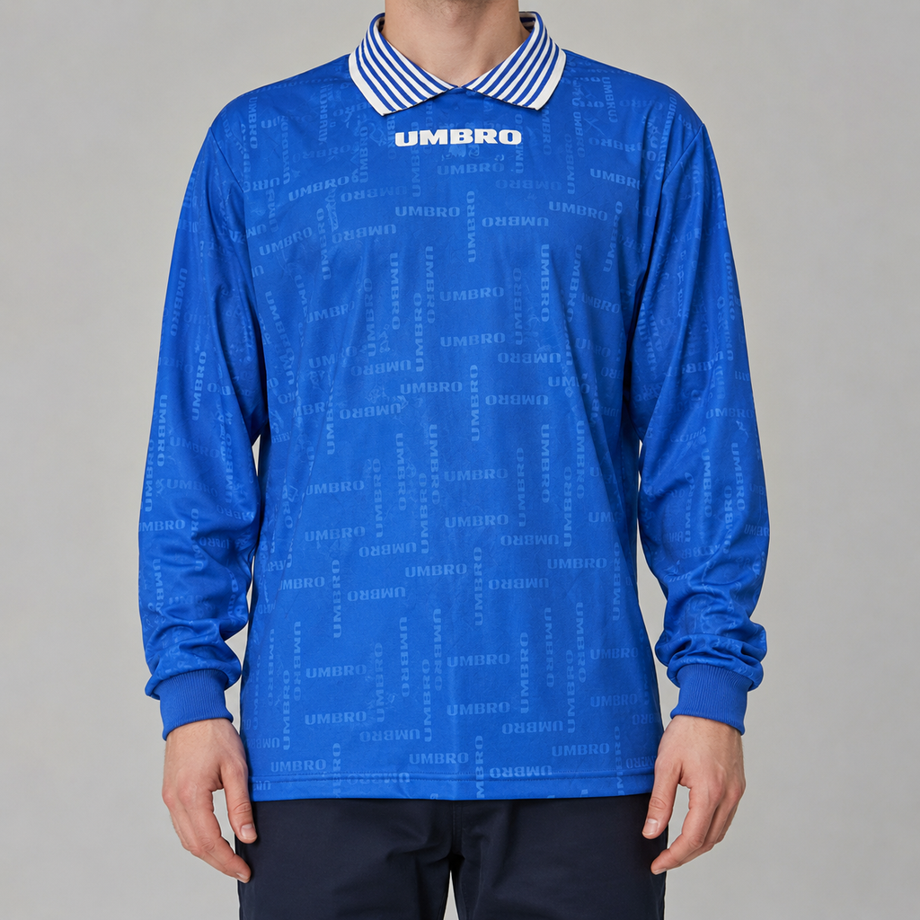 Vintage Y2K Umbro Jersey T-Shirt XL Blue Long Sleeve All Over Spell Out