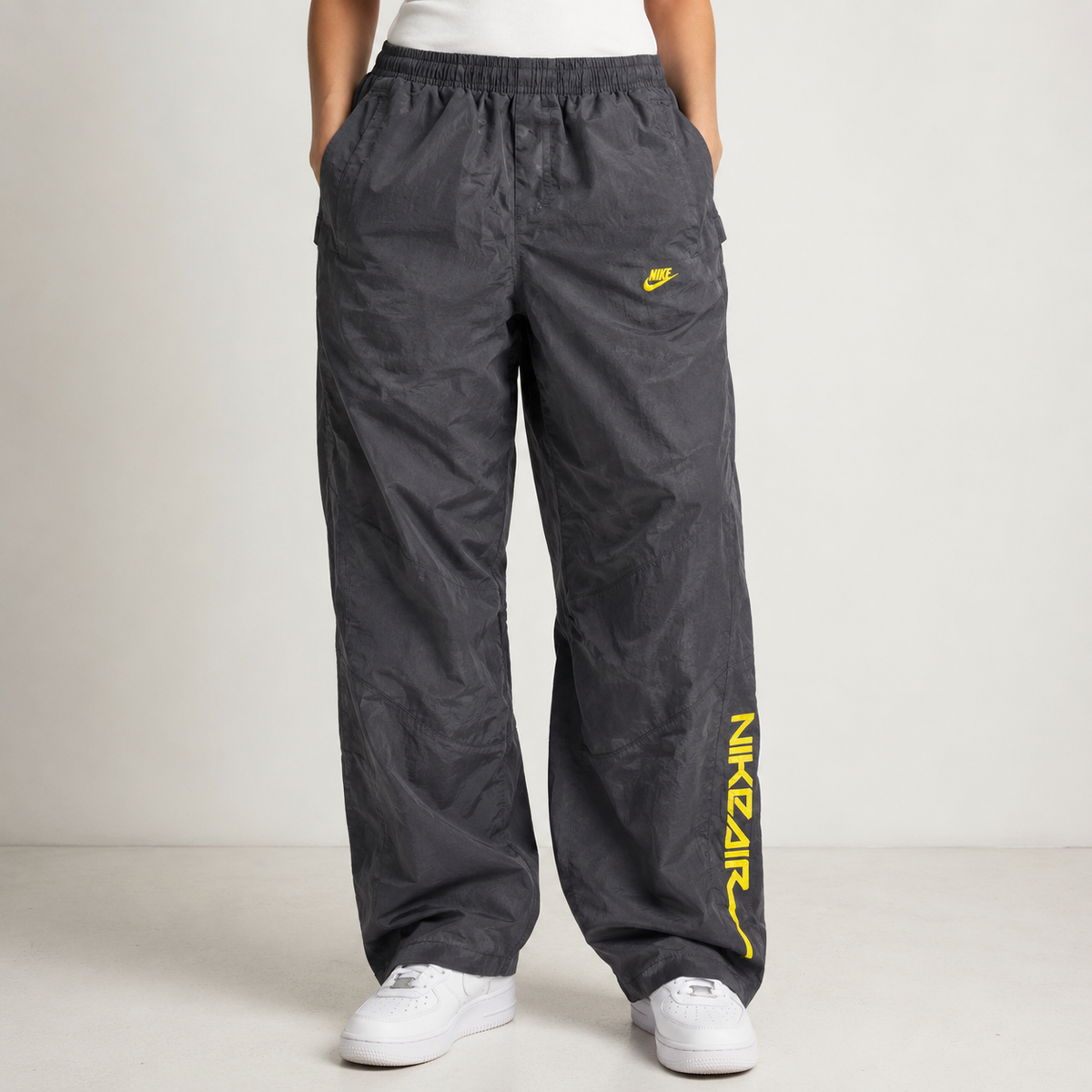 Vintage Y2K Nike Air Track Pants Women's Medium Black Yellow Spell Out Logo Windbreakers