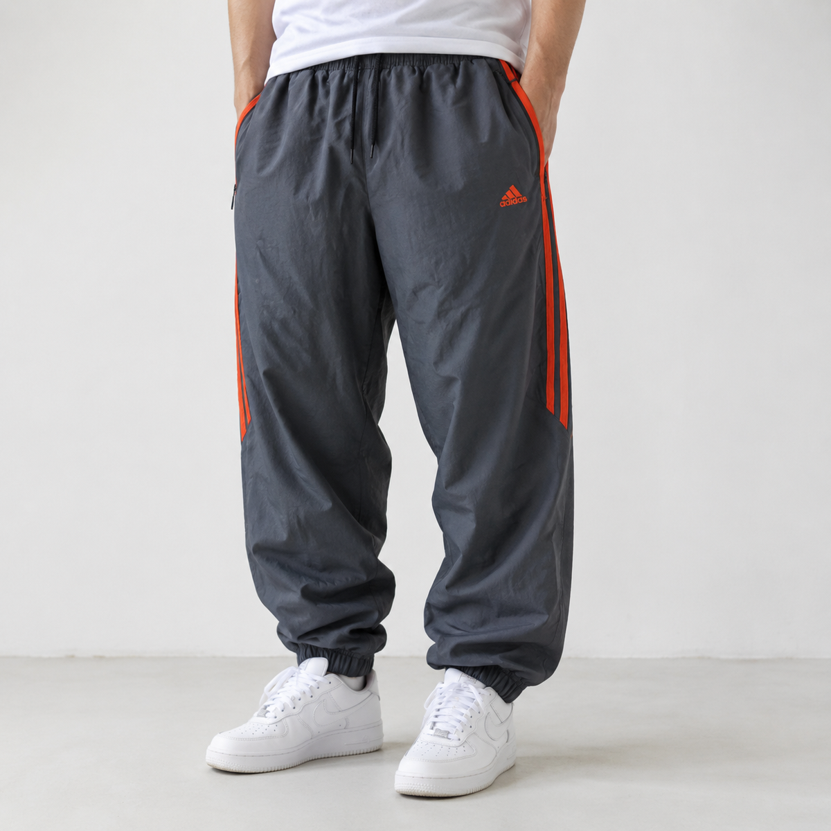 Vintage Y2K Adidas Track Pants Men's XL Black Orange Logo 3 Stripe Joggers Wide Leg