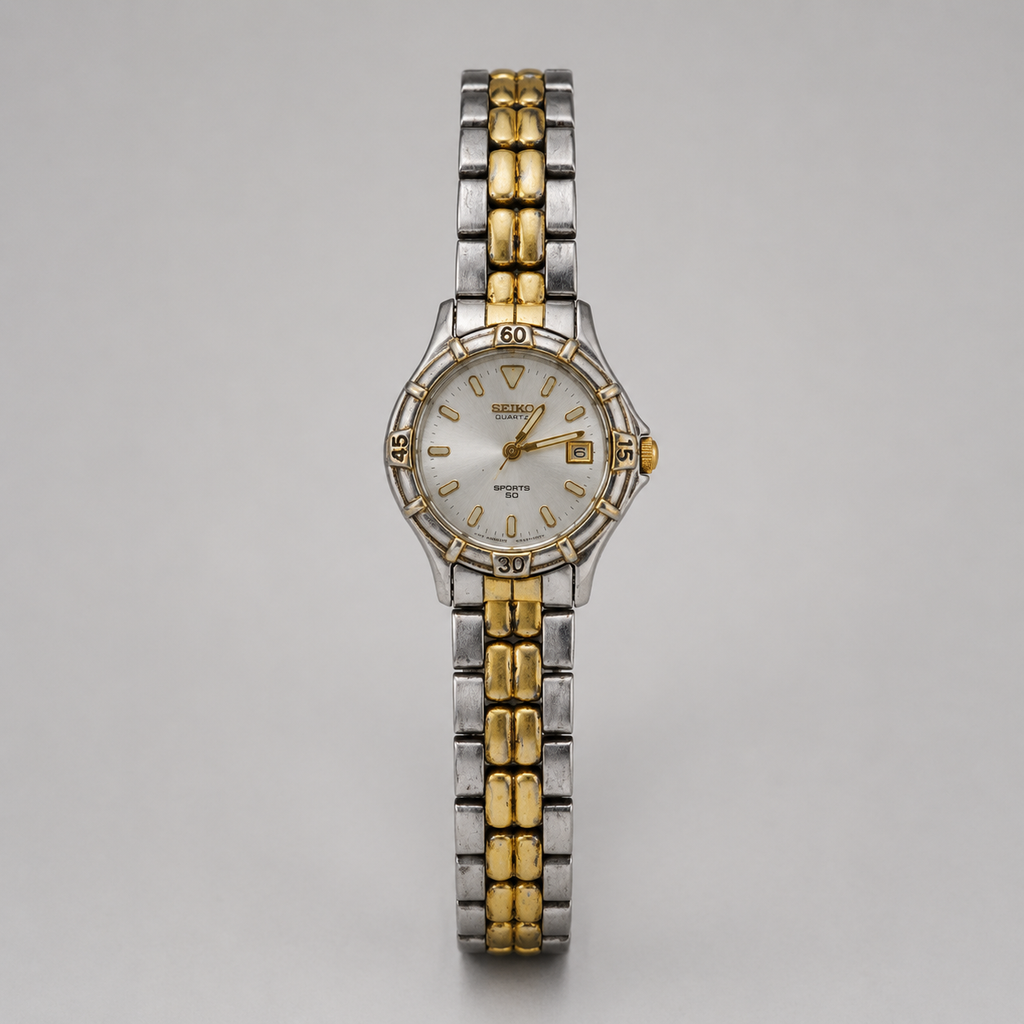 Seiko Sports 50 Ladies Analogue Stainless Steel Gold Tone Watch 7N82-0261