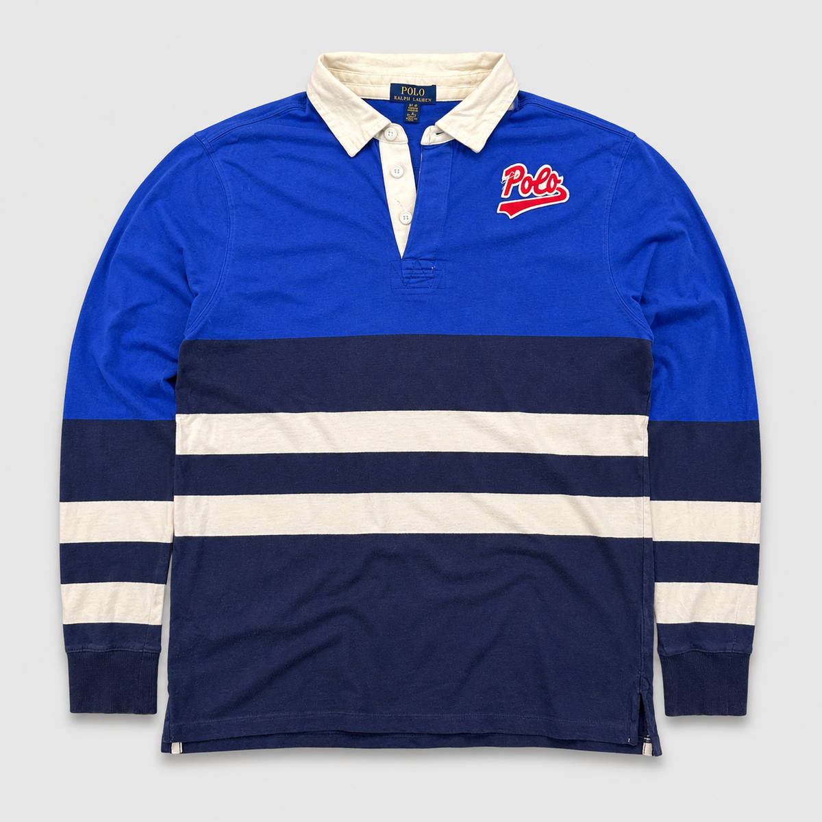 Modern Ralph Lauren Rugby Polo Women's XL Blue Striped Patch Spell Out Logo Collared