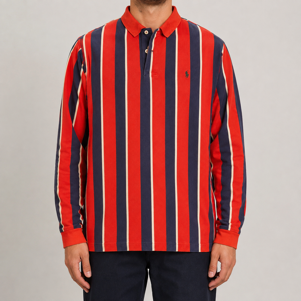 Vintage 90's Ralph Lauren Polo Men's M Red Blue Down Stripe Green Pony Collared