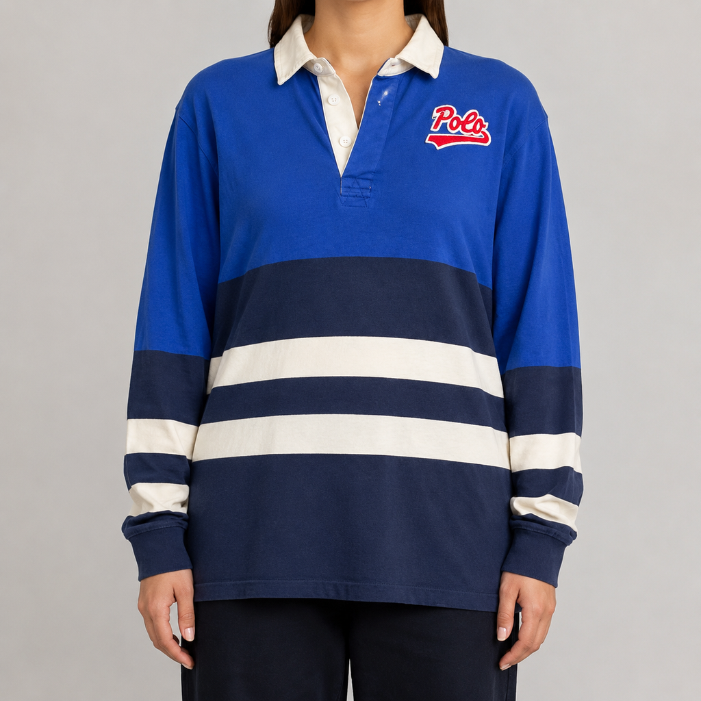 Modern Ralph Lauren Rugby Polo Women's XL Blue Striped Patch Spell Out Logo Collared