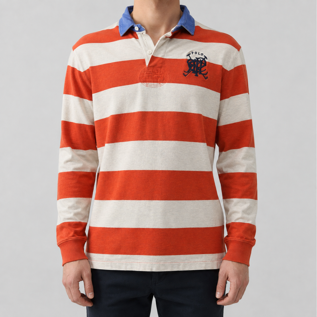 Modern Ralph Lauren Rugby Polo Men's L Orange White Striped Double R Logo Embroidered Oversized Collared
