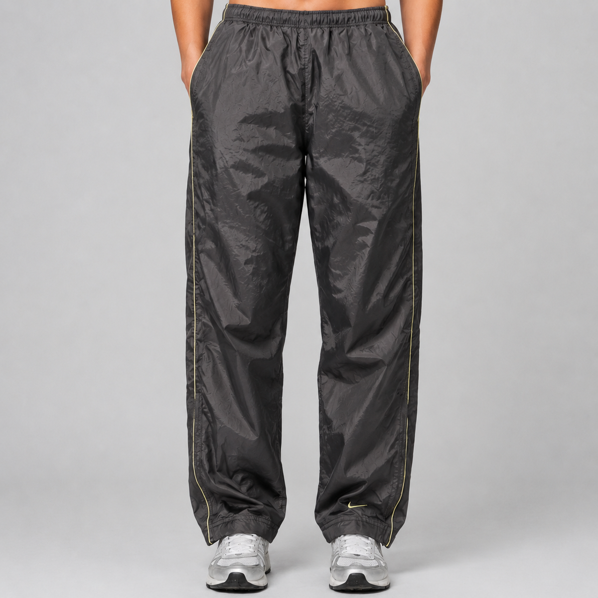 Vintage Y2K Nike Track Pants Women's S Dark Grey yellow piping ankle swoosh  Straight Leg