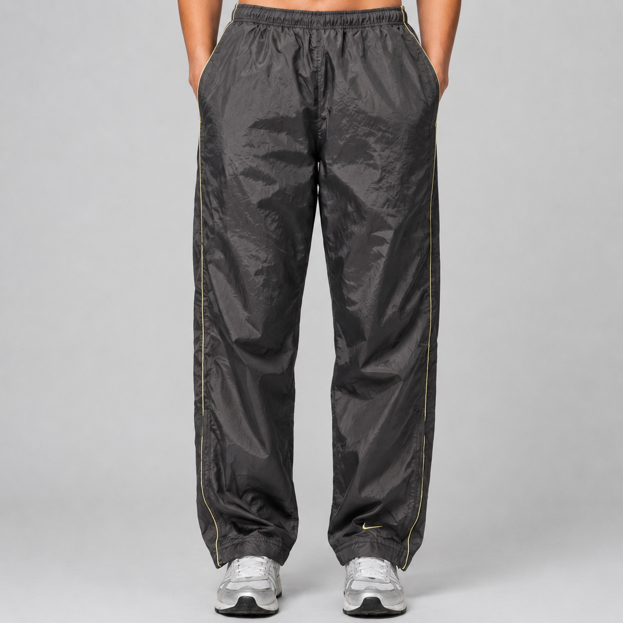 Vintage Y2K Nike Track Pants Women's S Dark Grey yellow piping ankle swoosh  Straight Leg