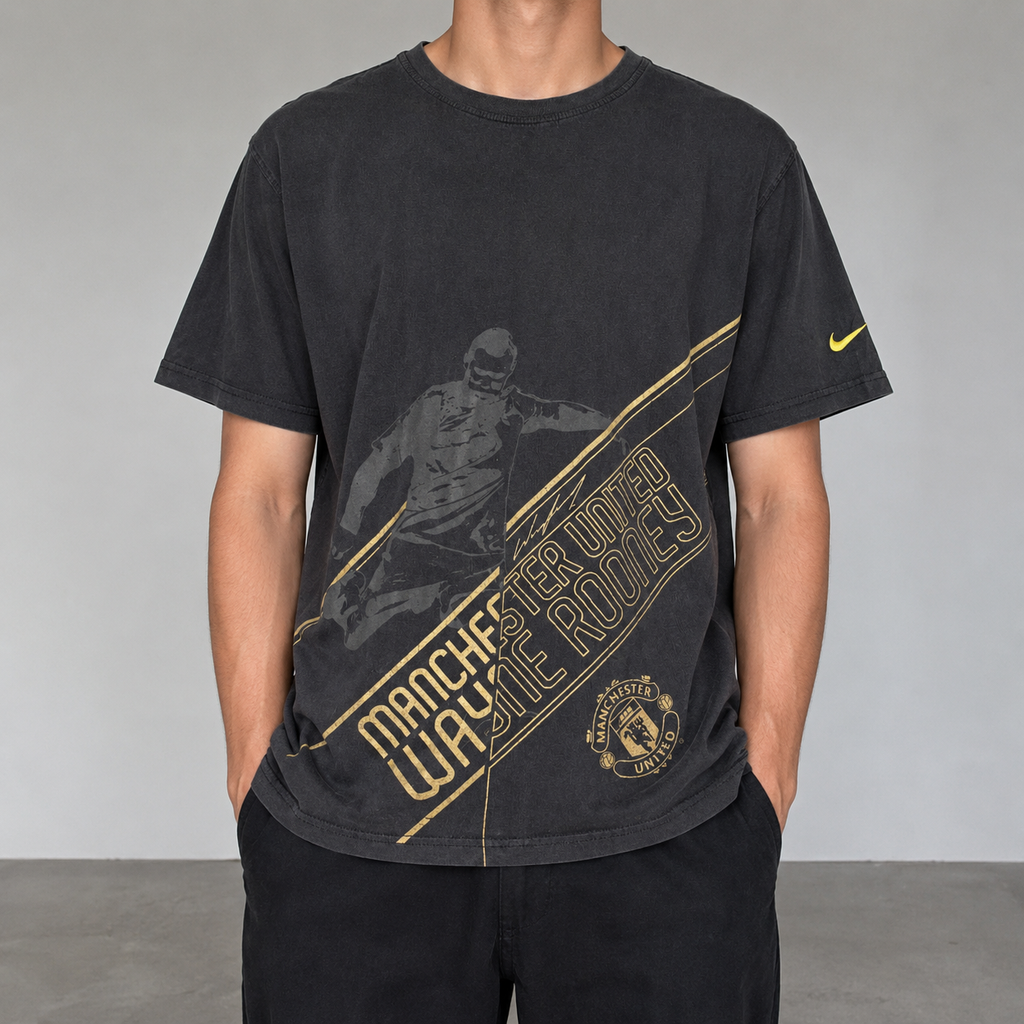 Vintage Y2K Nike Football T-Shirt Men’s XL Black Gold Wayne Rooney Manchester United