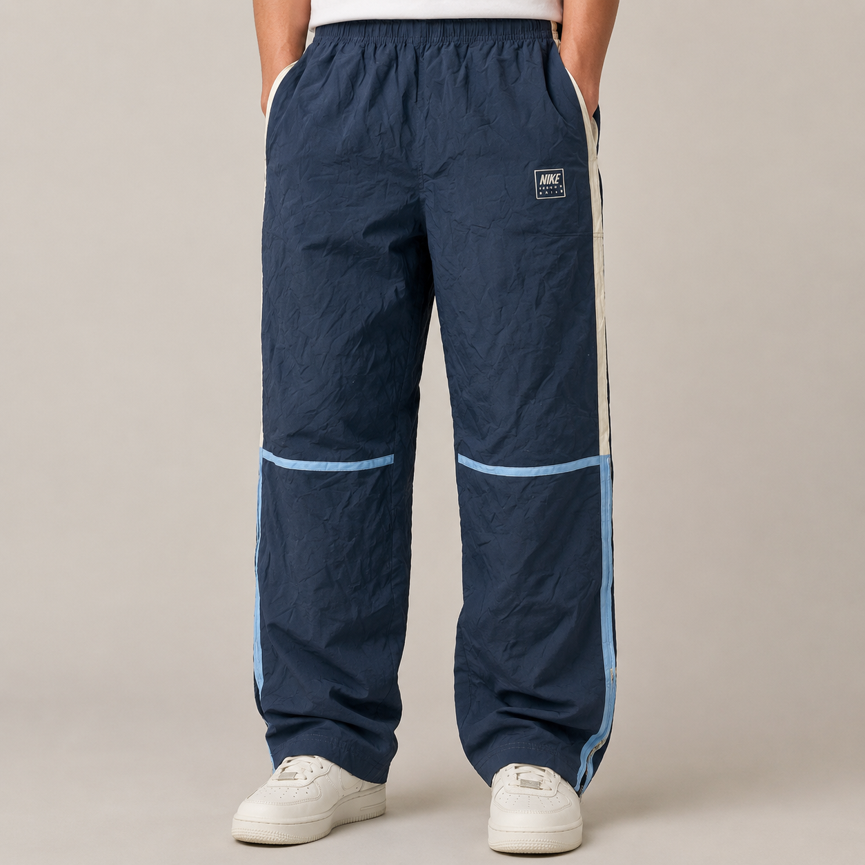 Vintage Y2K Nike Spain Track Pants Men's L Navy Blue Piping White Spell Out Joggers