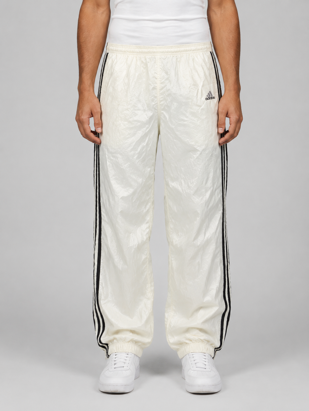 Vintage 90's Adidas Track Pants Men's L White black 3 stripe logo lightweight joggers