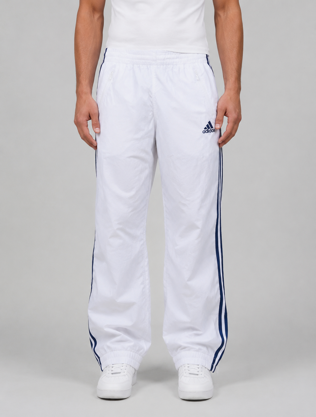 Vintage 90s Adidas Track Pants Size S White Blue Logo 3-Stripes Cuffed Ankle