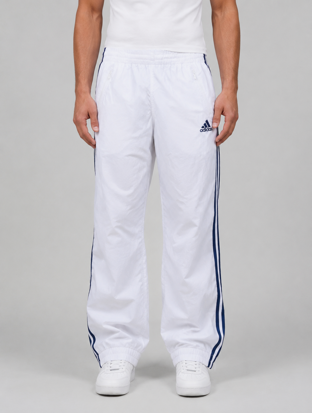 Vintage 90s Adidas Track Pants Size S White Blue Logo 3-Stripes Cuffed Ankle