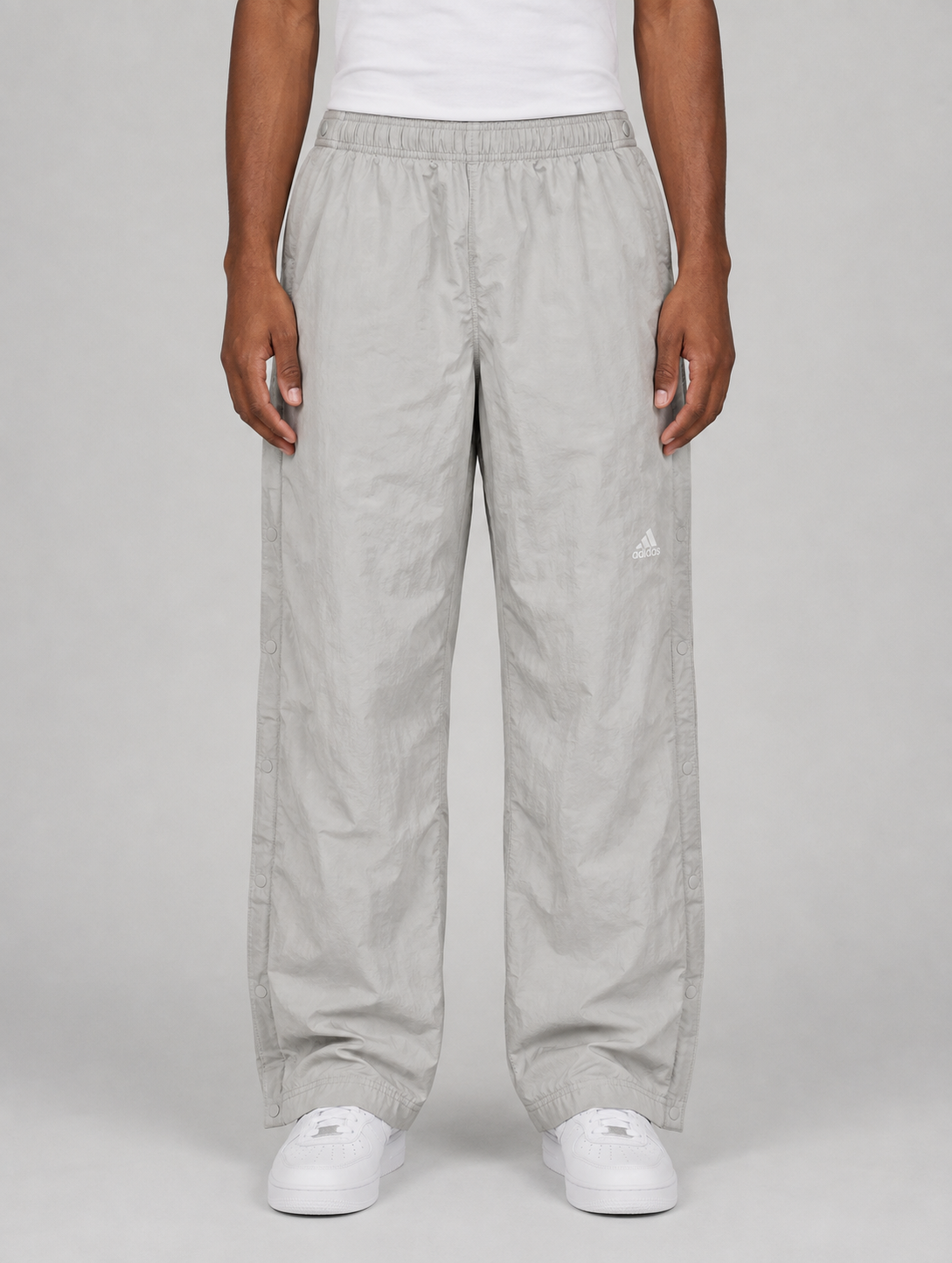 Vintage Y2K Adidas Tear Away Track Pants Men's L grey white logo joggers Button Down Wide Leg