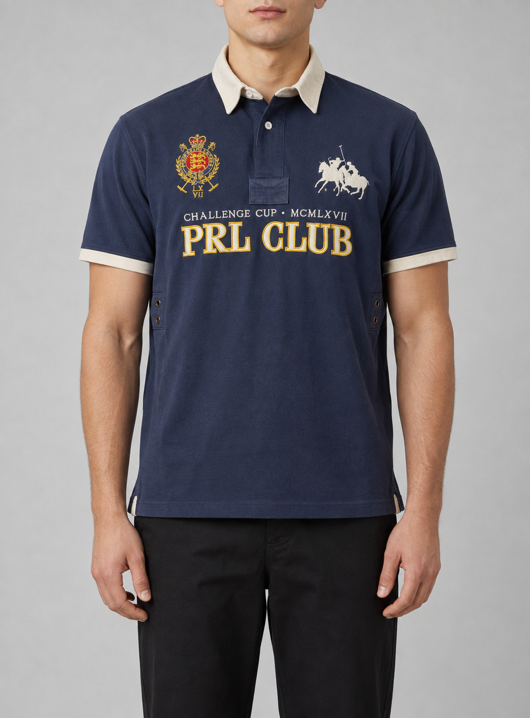 Vintage Men's 90's Ralph Lauren Polo XL Navy PLR Cup 4 Pony Logo + Badge Shirt Collared