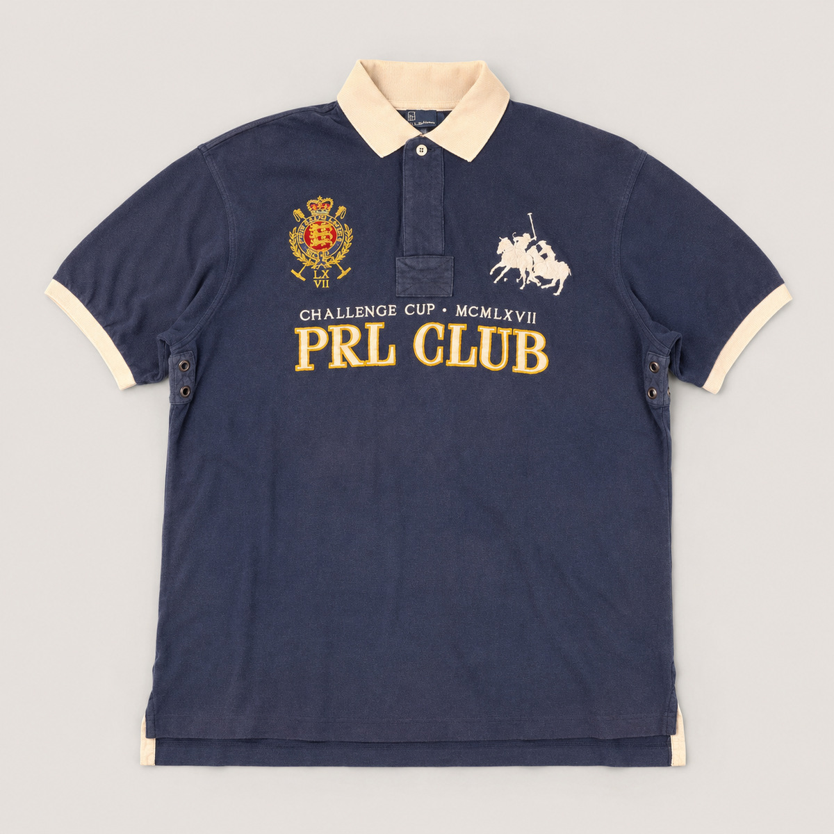Vintage Men's 90's Ralph Lauren Polo XL Navy PLR Cup 4 Pony Logo + Badge Shirt Collared