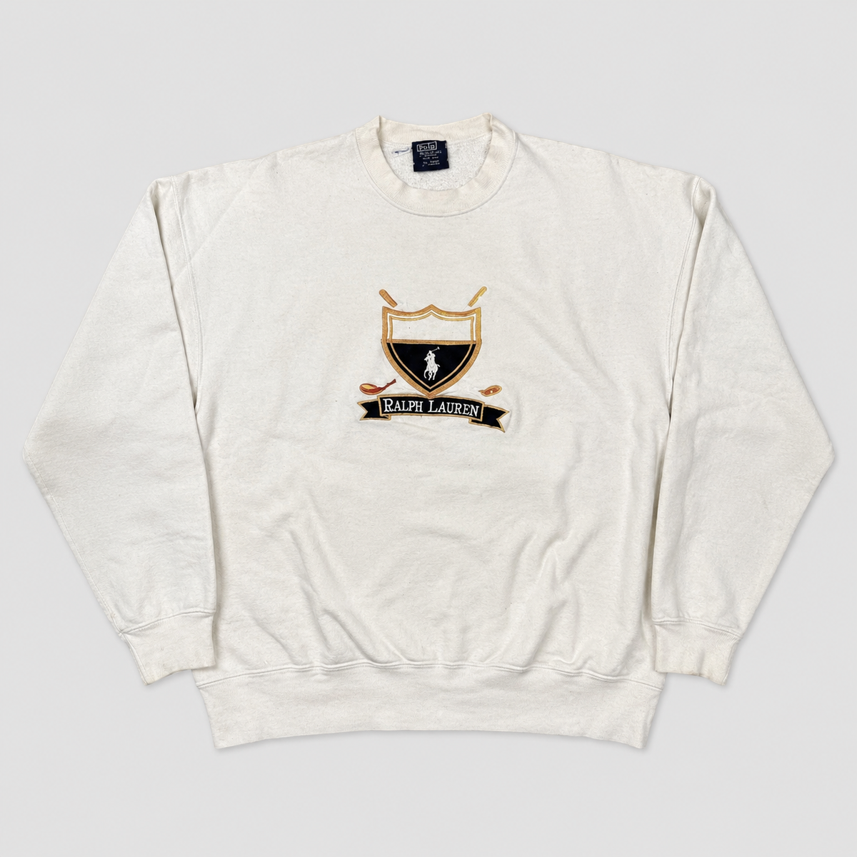 Vintage 90's Ralph Lauren Jumper Men's XXL White Golf Logo Leather Details Rare Crew Neck
