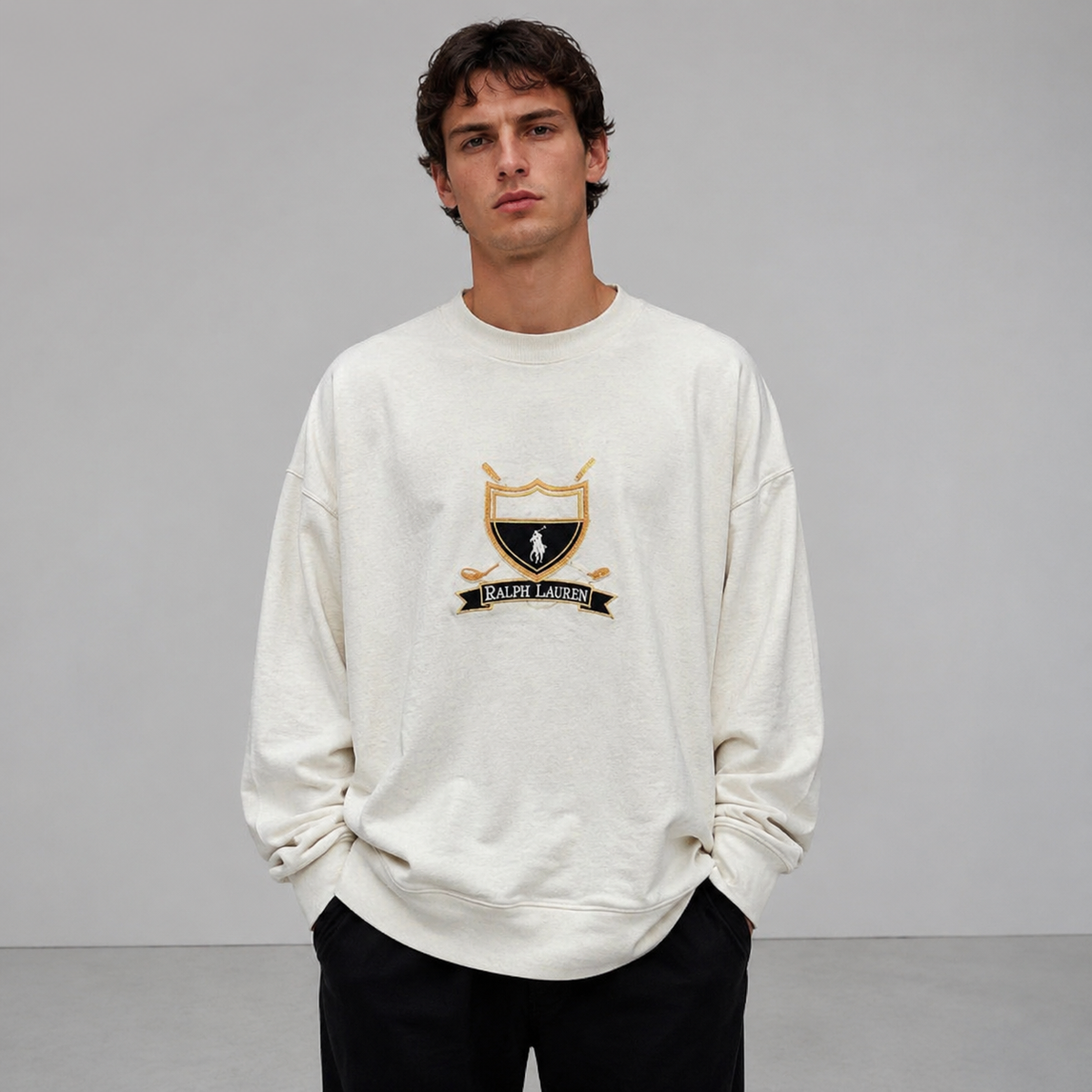 Vintage 90's Ralph Lauren Jumper Men's XXL White Golf Logo Leather Details Rare Crew Neck