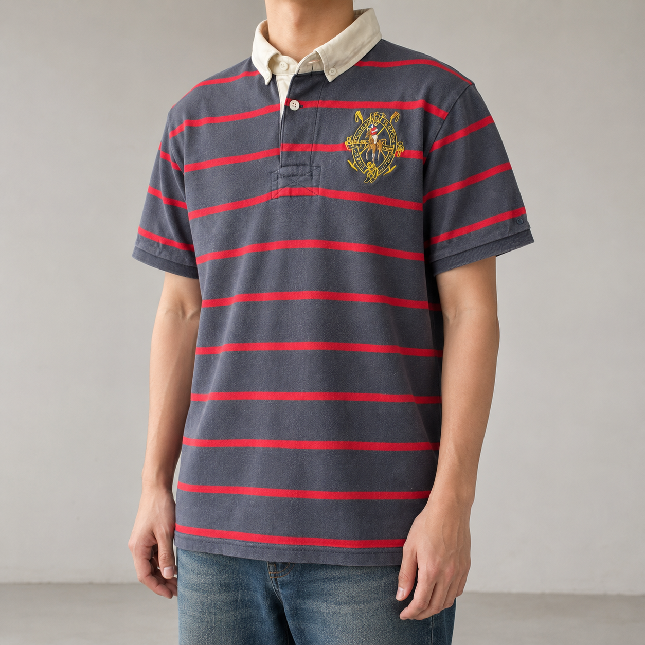 Vintage 90's Ralph Lauren Rugby Polo Men's L Grey Red Striped Largy Pony Embroidered Badge Collared