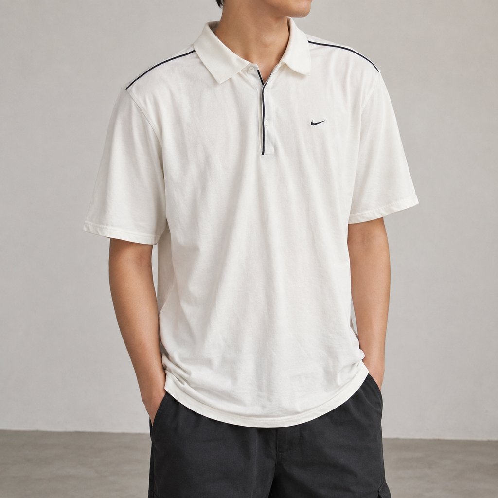 Vintage Y2K Nike Court Polo Shirt Men’s XL White Navy Mesh Texture