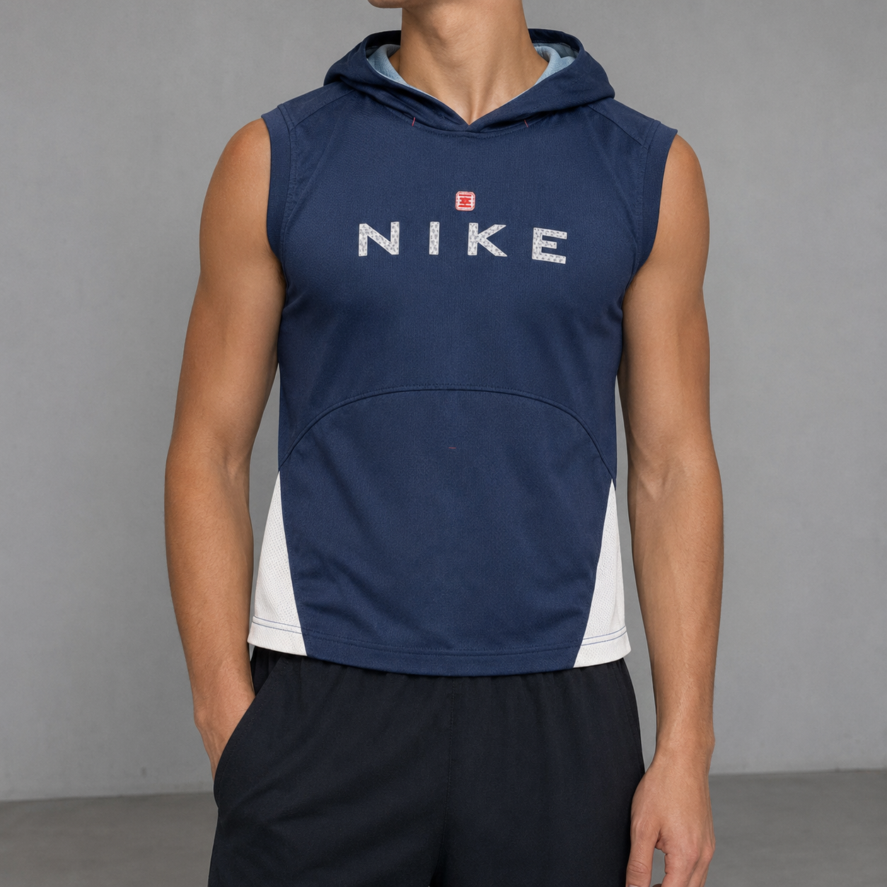 Vintage Y2K Nike Shox Jersey Hoodie Men's M Navy Blue Spell Out Badge Sleeveless