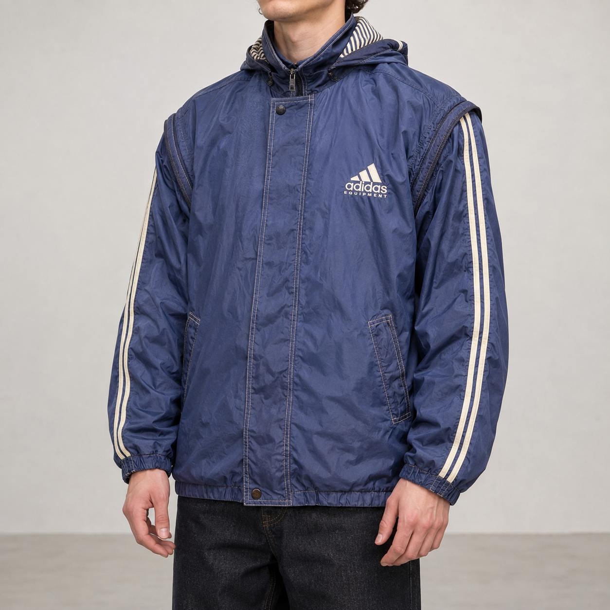 Vintage 90s Adidas Equipment Jacket Mens M Navy White Nylon Zip Off Windbreaker