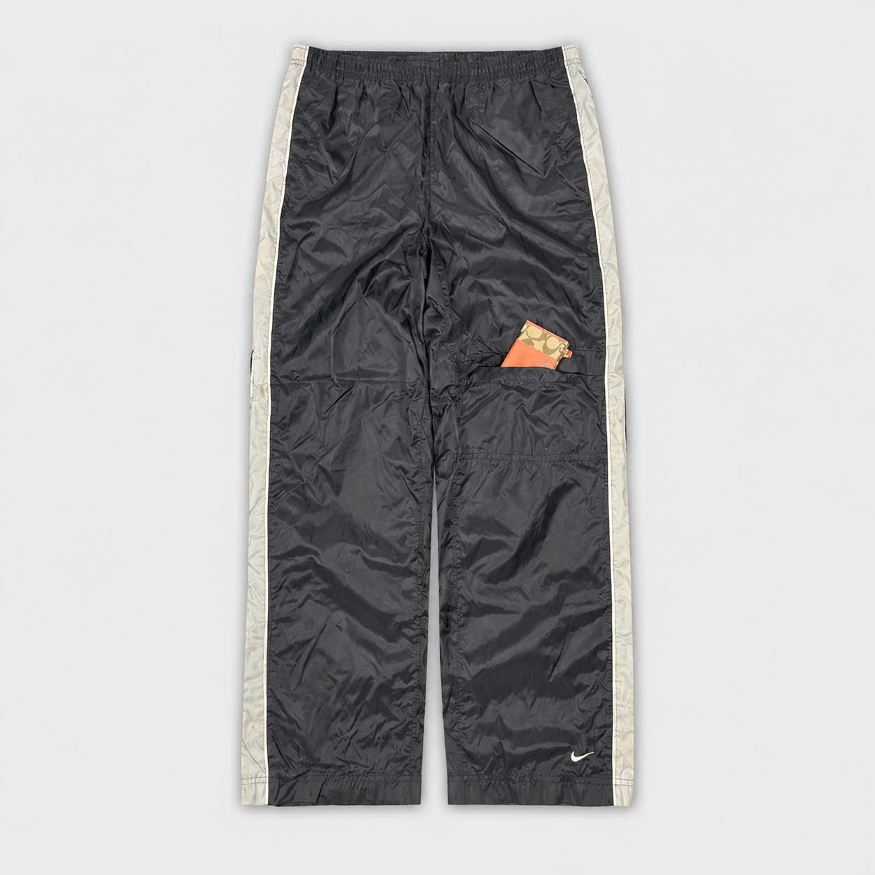 Vintage 90's Nike Cargo Track Pants Men's L Black White Piping Grey Panels Ankle Swoosh Wide Leg