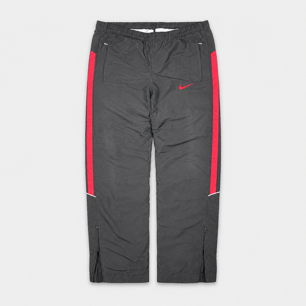 Vintage Y2K Nike Track Pants Men's L Black Red Swoosh Panels White Piping Ankle Zips Wide Leg