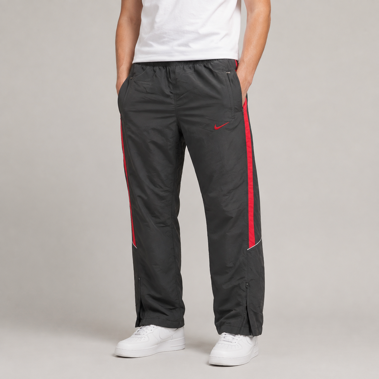 Vintage Y2K Nike Track Pants Men's L Black Red Swoosh Panels White Piping Ankle Zips Wide Leg